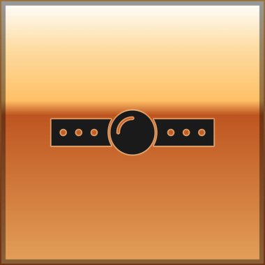 Altın arka planda izole deri kemer simgesi ile siyah silikon top gag. Fetiş aksesuarı. Erkek ve kadın için seks oyuncağı. Vektör Illustration