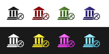 Siyah ve beyaz arka planda yalıtılmış tornavida ve anahtar simgesi ile Bank Binası ayarlayın. Ayarlama, hizmet, ayarlama, bakım, onarım, sabitleme. Vektör Illustration