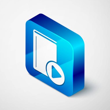 Beyaz arka planda yalıtılmış izometrik ses kitabı simgesi. Oynat düğmesi ve kitap. Ses kılavuzu işareti. Online öğrenme konsepti. Mavi kare düğmesi. Vektör Illustration
