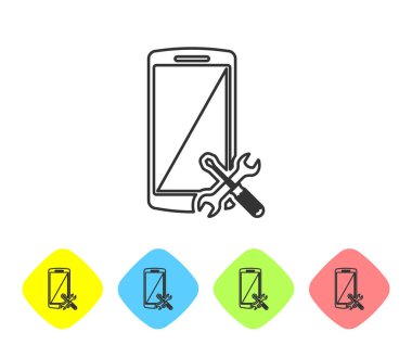 Beyaz arka planda yalıtılmış tornavida ve anahtar simgesi ile gri hat smartphone. Ayarlama, hizmet, ayarlama, bakım, onarım, sabitleme. Renk Rhombus düğmelerinde simgesini ayarlayın. Vektör Illustration