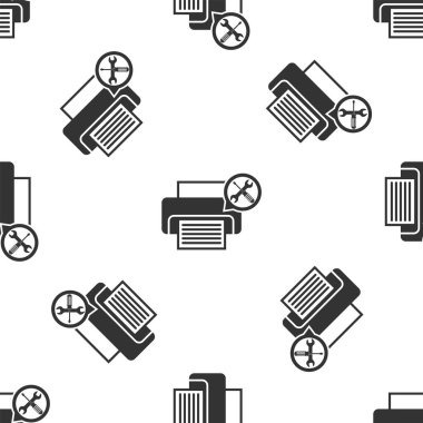 Beyaz arka planda tornavida ve anahtar simgesi izole Dikişsiz desen ile gri yazıcı. Ayarlama, hizmet, ayarlama, bakım, onarım, sabitleme. Vektör Illustration