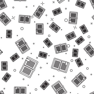 Siyah çizgi açık kitap simgesi beyaz arka planda yalıtılmış Dikişsiz desen. Vektör Illustration