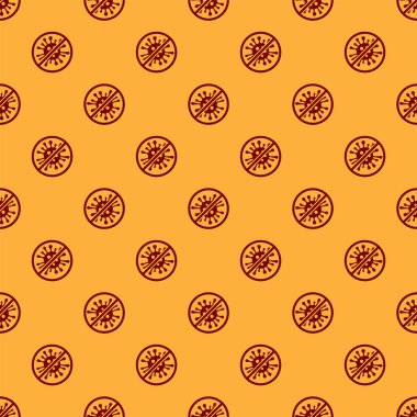 Kırmızı stop virüs, bakteri, mikrop ve mikrobe simge izole Dikişsiz desen kahverengi arka plan üzerinde. Antibakteriyel ve antiviral savunma, koruma enfeksiyonu. Vektör Illustration