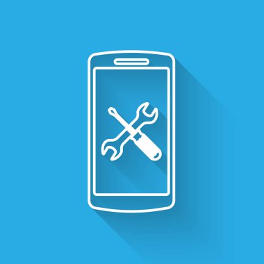 Uzun gölge ile izole tornavida ve anahtar simgesi ile beyaz hat smartphone. Ayarlama, hizmet, ayarlama, bakım, onarım, sabitleme. Vektör Illustration
