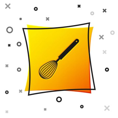 Siyah mutfak fırçalama simgesi beyaz arka planda izole. Yemek Eşyası, yumurta çırpıcı. Çatal bıçak işareti. Gıda karışımı sembolü. Sarı kare düğmesi. Vektör Illustration