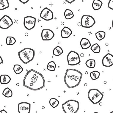 Beyaz arka planda yazıt 18 artı simge izole Dikişsiz desen ile siyah hat Shield. Yalnızca yetişkinler için içerik. Koruma, emniyet, güvenlik, kavramı koruyun. Vektör Illustration