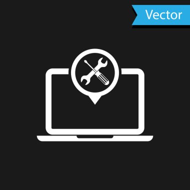 Siyah arka planda izole tornavida ve anahtar simgesi ile beyaz laptop. Ayarlama, hizmet, ayarlama, bakım, onarım, sabitleme. Vektör Illustration
