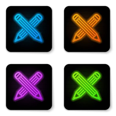 Parlayan Neon beyaz arka planda izole kalem simgesi çapraz. Eğitim işareti. Çizim ve eğitim araçları. Okul ofisi sembolü. Siyah kare düğmesi. Vektör Illustration