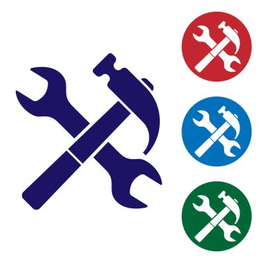 Mavi çapraz çekiç ve beyaz arka planda izole anahtarı simgesi. Donanım araçları. Daire düğmelerinde renk simgesini ayarlayın. Vektör Illustration