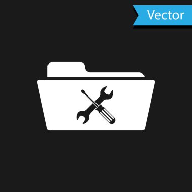 Siyah arka planda izole tornavida ve anahtar simgesi ile beyaz klasör. Ayarlama, hizmet, ayarlama, bakım, onarım, sabitleme. Vektör Illustration