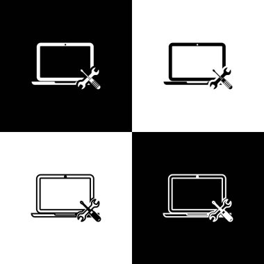 Siyah ve beyaz arka planda izole tornavida ve anahtar simgesi ile dizüstü ayarlayın. Ayarlama, hizmet, ayarlama, bakım, onarım, sabitleme. Vektör Illustration