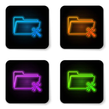 Parlayan Neon klasör beyaz arka planda izole tornavida ve anahtar simgesi ile. Ayarlama, hizmet, ayarlama, bakım, onarım, sabitleme. Siyah kare düğmesi. Vektör Illustration