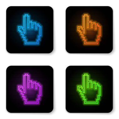 Parlak neon piksel el imleç simgesi beyaz arka planda izole. İşaretçi el imleci. Siyah kare düğmesi. Vektör Illustration