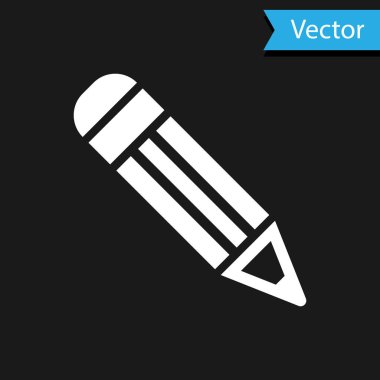 Siyah arka planda izole beyaz kalem simgesi. Eğitim işareti. Çizim ve eğitim araçları. Okul ofisi sembolü. Vektör Illustration