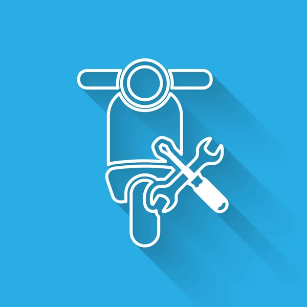 White line Scooter with screwdriver and wrench icon isolated with long shadow. Adjusting, service, setting, maintenance, repair, fixing. Vector Illustration — Stock Vector