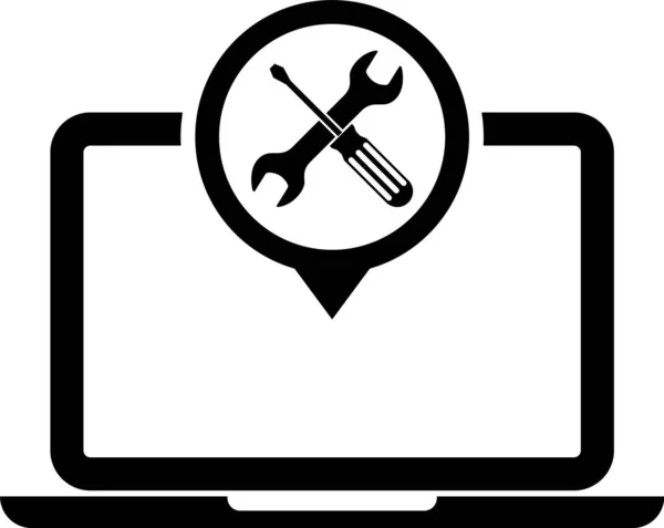 Schwarzer Laptop mit Schraubenzieher und Schraubenschlüssel-Symbol auf weißem Hintergrund. Anpassung, Service, Einstellung, Wartung, Reparatur, Reparatur. Vektorillustration — Stockvektor