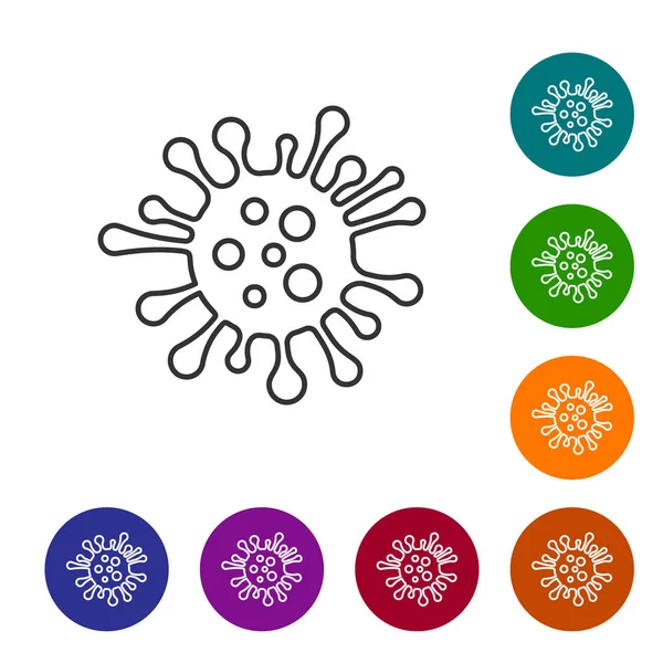 灰色の線細菌のアイコンは、白い背景に分離されています。細菌や細菌、微生物疾患を引き起こす、細胞癌、微生物、ウイルス、真菌。カラーサークルボタンにアイコンを設定します。ベクトルイラストレーション — ストックベクタ