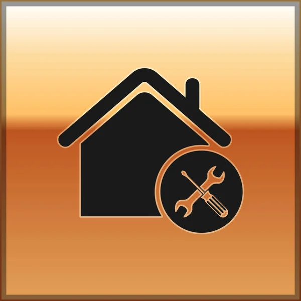 黑房子或家与螺丝刀和扳手图标隔离在黄金背景。调整、维修、设置、维护、修理、修理。矢量插图 — 图库矢量图片