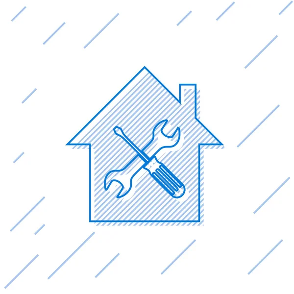 Blue line House or home with screwdriver and wrench icon isolated on white background. Adjusting, service, setting, maintenance, repair, fixing. Vector Illustration — Stock Vector