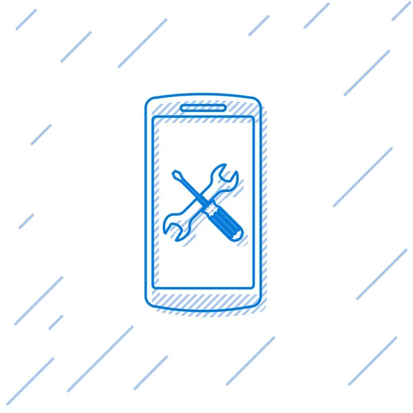 Ligne bleue Smartphone avec tournevis et icône clé isolée sur fond blanc. Réglage, entretien, réglage, entretien, réparation, fixation. Illustration vectorielle — Image vectorielle