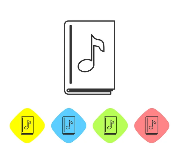 Graue Linie Hörbuch-Symbol isoliert auf weißem Hintergrund. Noten mit Buch. Audioguide-Schild. Online-Lernkonzept. setzen Sie das Symbol in farbigen Rautenknöpfen. Vektorillustration — Stockvektor