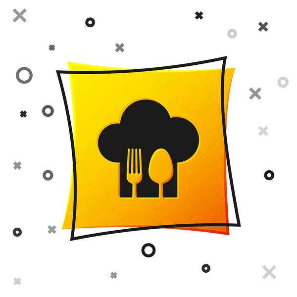 Schwarzer Kochmütze mit Gabel und Löffel Symbol isoliert auf weißem Hintergrund. Kochsymbol. Restaurantkarte. Kochmütze. gelber quadratischer Knopf. Vektorillustration — Stockvektor