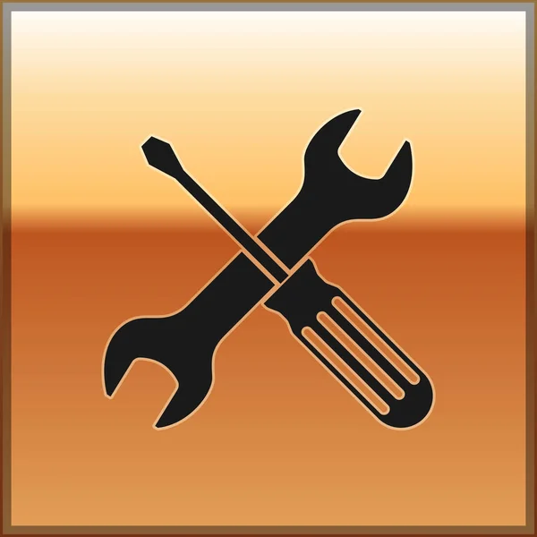 Chave de fenda cruzada preta e ícone de ferramentas de chave isoladas no fundo dourado. Símbolo da ferramenta de serviço. Ilustração vetorial —  Vetores de Stock