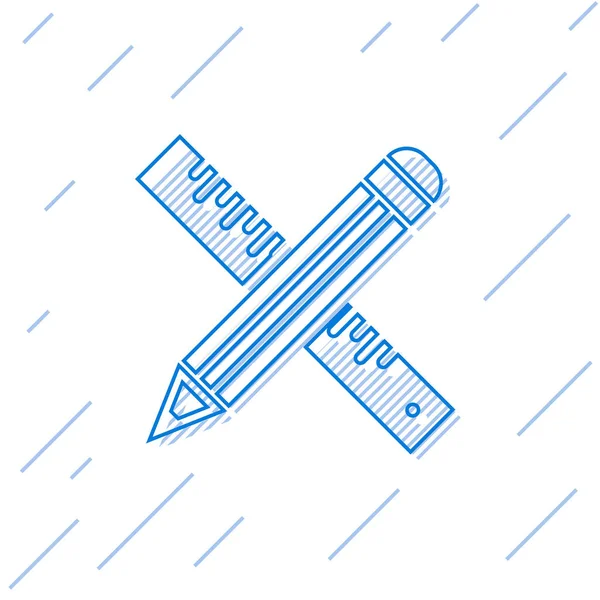 Línea azul Icono de regla y lápiz cruzado aislado sobre fondo blanco. Símbolo de borde recto. Dibujo y herramientas educativas. Ilustración vectorial — Archivo Imágenes Vectoriales