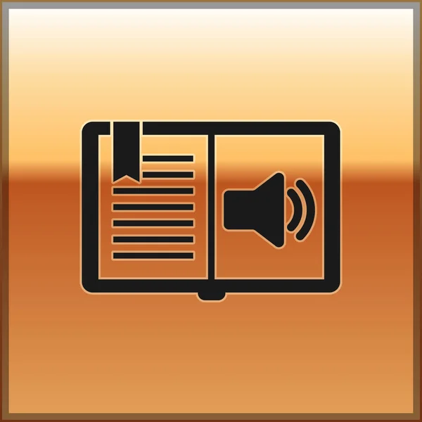 Icono de Audio Libro Negro aislado sobre fondo dorado. Signo de audio guía. Concepto de aprendizaje en línea. Ilustración vectorial — Vector de stock