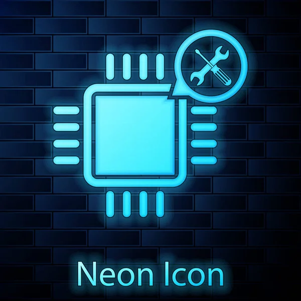 Izzó neon processzor csavarhúzóval és a Csavarkulcs ikon izolált téglafal háttérben. Beállítása, szerviz, beállítás, karbantartás, javítás, rögzítés. Vektoros illusztráció — Stock Vector