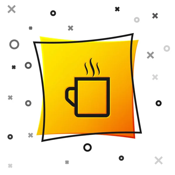 Schwarze Kaffeetasse flaches Symbol isoliert auf weißem Hintergrund. Teetasse vorhanden. Heißgetränk Kaffee. gelber quadratischer Knopf. Vektorillustration — Stockvektor