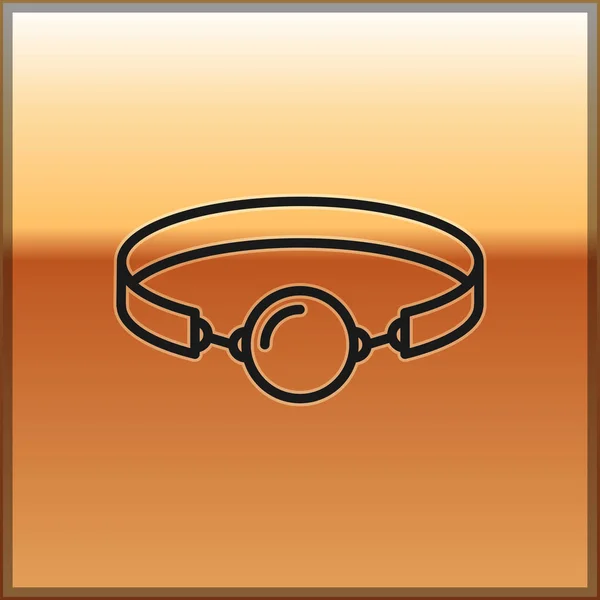 Zwarte siliconen Ball Gag met een lederen riem pictogram geïsoleerd op de gouden achtergrond. Fetish accessoire. Seksspeeltje voor mannen en vrouwen. Vector illustratie — Stockvector