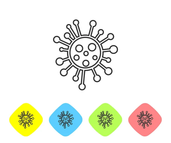 Graue Linie Bakterien Symbol isoliert auf weißem Hintergrund. Bakterien und Keime, krankheitsverursachende Mikroorganismen, Zellkrebs, Mikroben, Viren, Pilze. setzen Sie das Symbol in farbigen Rautenknöpfen. Vektorillustration — Stockvektor