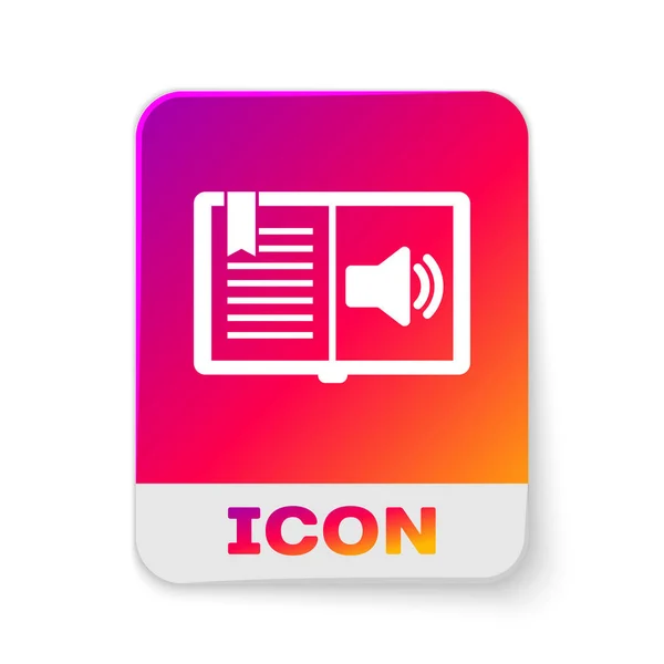 Icono de libro de audio blanco aislado sobre fondo blanco. Signo de audio guía. Concepto de aprendizaje en línea. Botón de color rectángulo. Ilustración vectorial — Archivo Imágenes Vectoriales