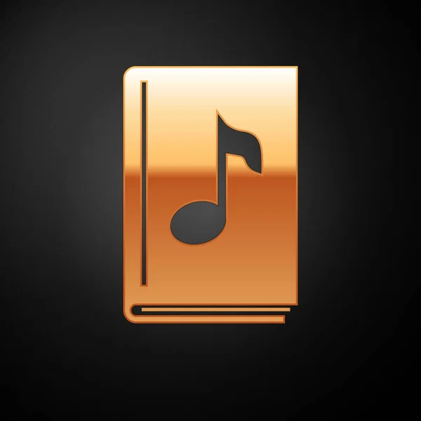 Иконка золотой аудиокниги выделена на черном фоне. Музыкальная нота с книгой. Звуковой указатель. Концепция онлайн обучения. Векторная миграция — стоковый вектор