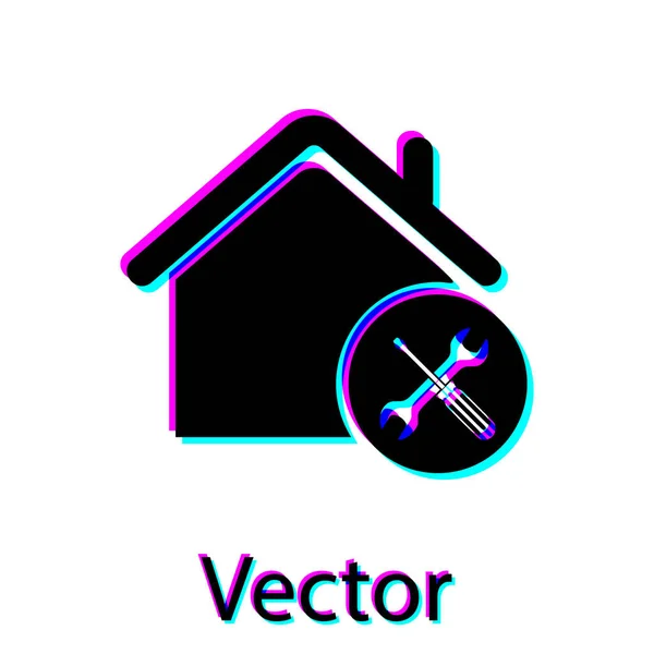 Черный дом или дом с отвёрткой и иконкой гаечного ключа изолированы на белом фоне. Регулировка, обслуживание, настройка, обслуживание, ремонт, фиксация. Векторная миграция — стоковый вектор