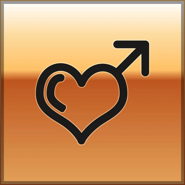 Preto Masculino símbolo de gênero e ícone do coração isolado no fundo de ouro. Ilustração vetorial —  Vetores de Stock