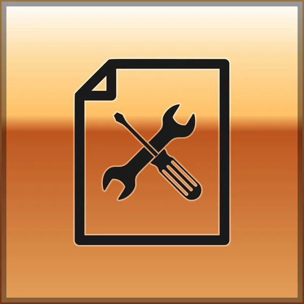 Documento de arquivo preto com chave de fenda e ícone de chave de fenda isolado no fundo dourado. Ajuste, serviço, configuração, manutenção, reparação, fixação. Ilustração vetorial — Vetor de Stock