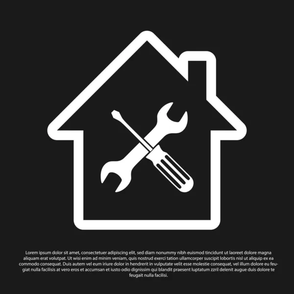 Casa Negra ou casa com chave de fenda e ícone de chave de fenda isolado no fundo preto. Ajuste, serviço, configuração, manutenção, reparação, fixação. Ilustração vetorial —  Vetores de Stock