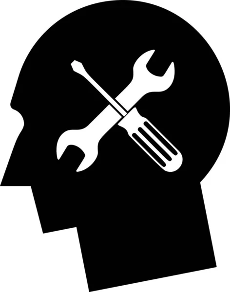 Чорна людська голова з викруткою та значком ключа ізольовані на білому тлі. Штучний інтелект. Символічна робота мозку. Векторна ілюстрація — стоковий вектор