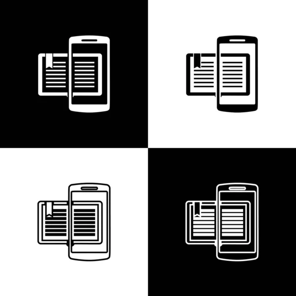 Nastavení telefonu Smartphone a ikony knihy izolované na černém a bílém pozadí. Učení se online nebo koncepce elektronického učení. Vektorová ilustrace — Stockový vektor