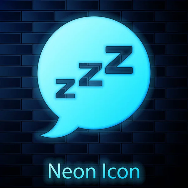Glowing neon Speech bubble with snoring icon isolated on brick wall background. Concept of sleeping, insomnia, alarm clock app, deep sleep, awakening. Vector Illustration — Stock Vector