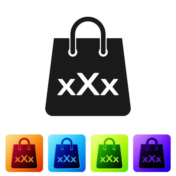 Czarna torba na zakupy z potrójną ikoną X na białym tle. Ustaw ikonę w kolorowych kwadratowych przyciskach. Ilustracja wektorowa — Wektor stockowy