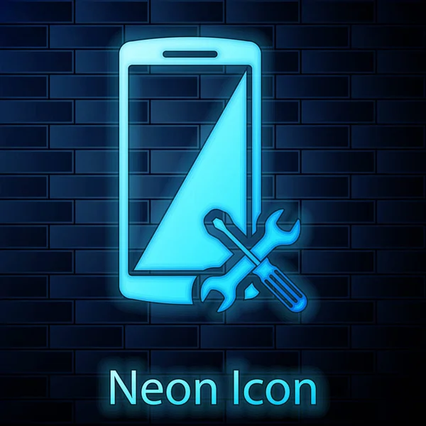 Glödande Neon smartphone med skruvmejsel och skiftnyckelikon isolerad på tegelvägg bakgrund. Justering, service, inställning, underhåll, reparation, fixering. Vektor illustration — Stock vektor