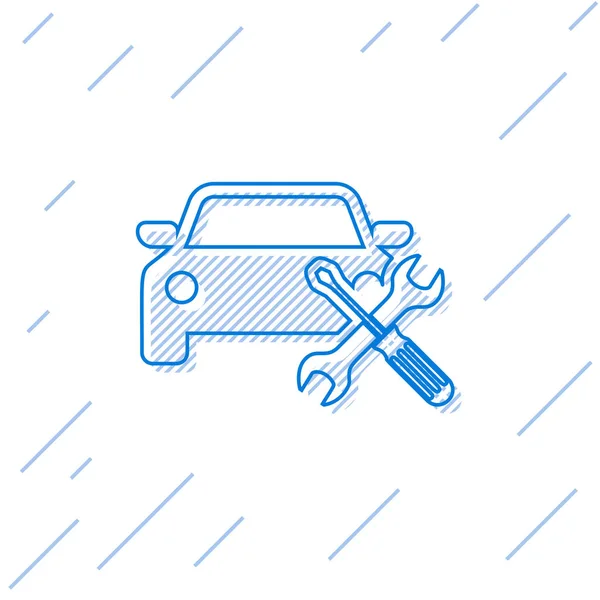 Carro de linha azul com chave de fenda e ícone de chave de fenda isolado no fundo branco. Ajuste, serviço, configuração, manutenção, reparação, fixação. Ilustração vetorial — Vetor de Stock