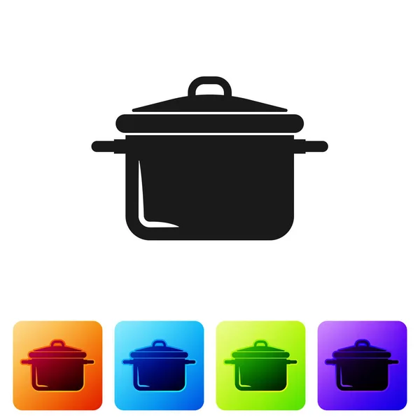 Icono de olla de cocina negra aislado sobre fondo blanco. Hervir o guisar el símbolo de la comida. Establecer icono en los botones cuadrados de color. Ilustración vectorial — Archivo Imágenes Vectoriales