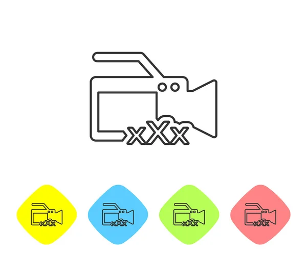 Graue Zeile Videokamera mit Beschriftung xxx Symbol isoliert auf weißem Hintergrund. Symbol für Altersbeschränkung. 18 plus Content-Zeichen. Erwachsenensender. setzen Sie das Symbol in farbigen Rautenknöpfen. Vektorillustration — Stockvektor