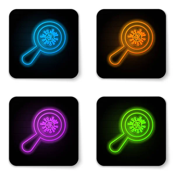 Leuchtende Neon-Mikroorganismen unter dem Lupensymbol isoliert auf weißem Hintergrund. Bakterien und Keime, Zellkrebs, Mikroben, Viren, Pilze. schwarzer quadratischer Knopf. Vektorillustration — Stockvektor