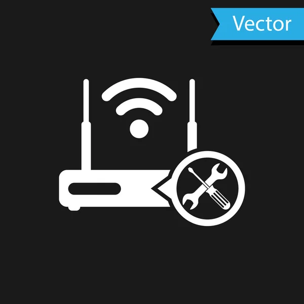 Router blanco wi-fi con destornillador e icono de llave inglesa aislado sobre fondo negro. Ajuste, servicio, ajuste, mantenimiento, reparación, fijación. Ilustración vectorial — Vector de stock