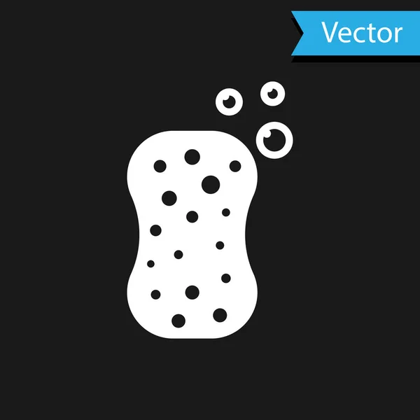 Weißer Schwamm mit Blasensymbol isoliert auf schwarzem Hintergrund. Bast zum Geschirrspülen. Reinigungsservice-Logo. Vektorillustration — Stockvektor